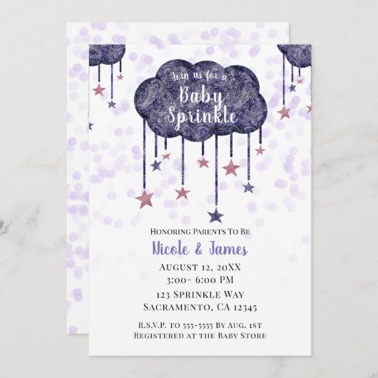 Celestial Lila Gold Stars Baby Sprinkle Dusche Einladung (Vorne/Hinten)
