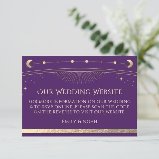 Celestial Lila Gold Wedding Website UAWG QR Code Begleitkarte (Stehend Vorderseite)
