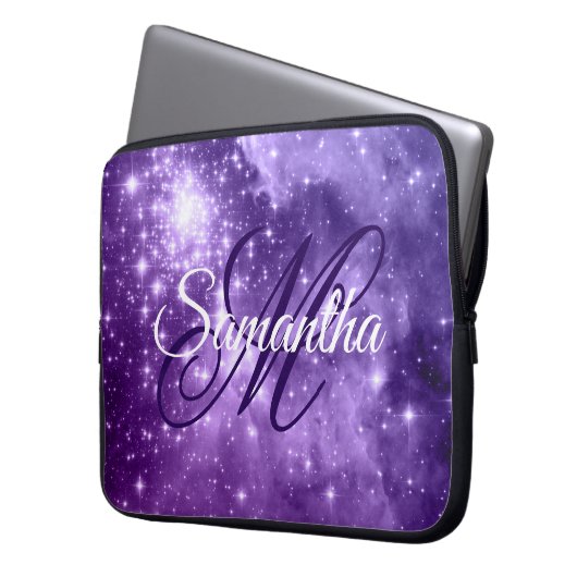 Celestial Lila Starry Sparkle Extravagant Monogram Laptopschutzhülle (Vorderseite Links)