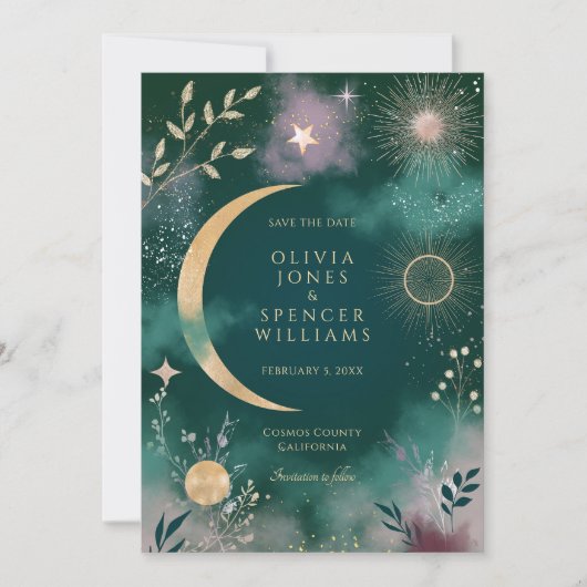 Celestial Magic Moon & Stars Emerald Save the Date Einladung (Vorderseite)
