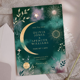Celestial Magic Moon & Stars Emerald Save the Date Einladung