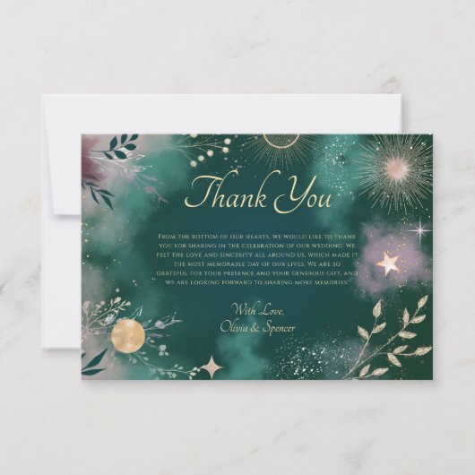 Celestial Magic Moon & Stars Emerald Wedding Dankeskarte (Vorderseite)