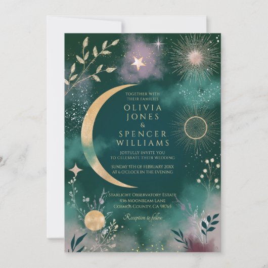 Celestial Magic Moon & Stars Emerald Wedding Einladung (Vorderseite)