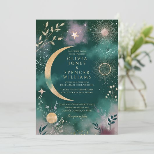 Celestial Magic Moon & Stars Emerald Wedding Einladung (Stehend Vorderseite)