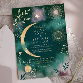 Celestial Magic Moon & Stars Emerald Wedding Einladung