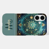 Celestial Mandala Moon Galaxy Aquamarin Gold Monog Case-Mate iPhone Hülle (Rückseite (Horizontal))