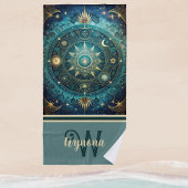 Celestial Mandala Moon Galaxy Aquamarin Gold Monog Strandtuch