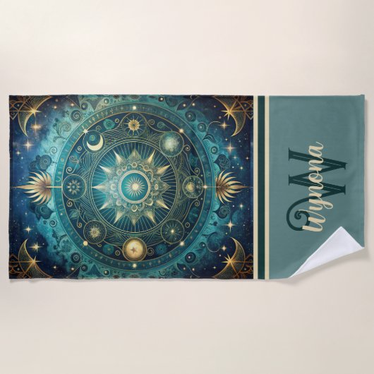 Celestial Mandala Moon Galaxy Aquamarin Gold Monog Strandtuch (Vorderseite)