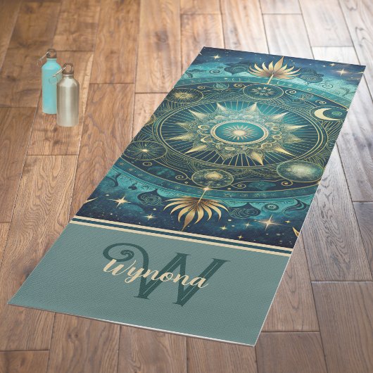Celestial Mandala Moon Galaxy Aquamarin Gold Monog Yogamatte