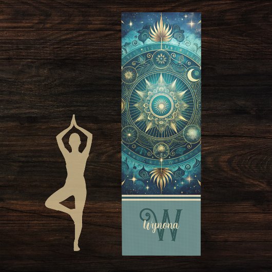 Celestial Mandala Moon Galaxy Aquamarin Gold Monog Yogamatte