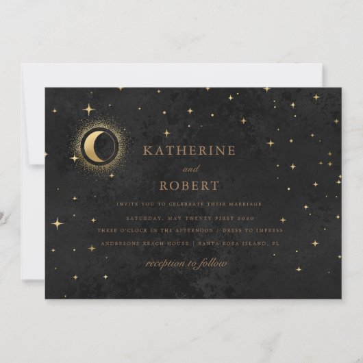 Celestial Midnight Black Crescent Moon Wedding Einladung (Vorderseite)