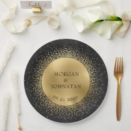 Celestial Midnight Black Gold Moon Paper Plate Pappteller