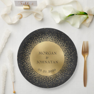 Celestial Midnight Black Gold Moon Paper Plate Pappteller