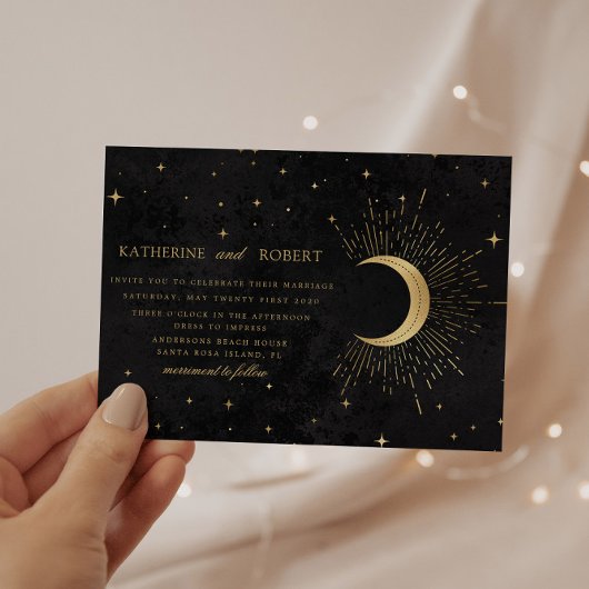 Celestial Midnight Black Gold Stars Wedding Einladung