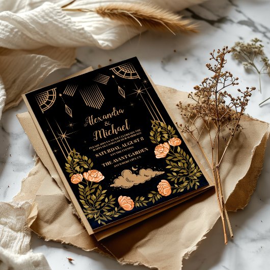 Celestial Midnight Black Stars Wedding Einladung