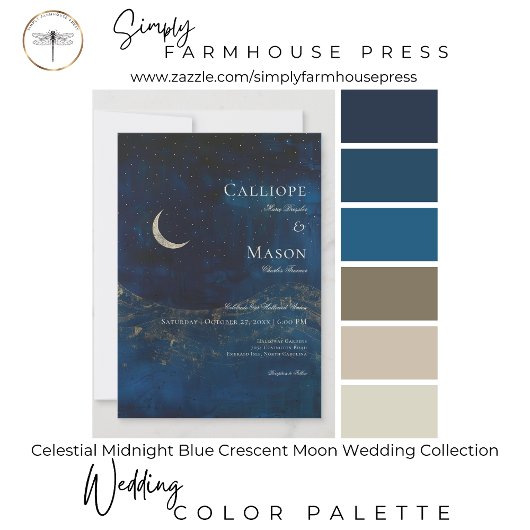 Celestial Midnight Blue Crescent Moon Wedding Einladung