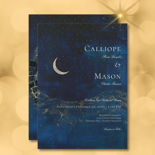 Celestial Midnight Blue Crescent Moon Wedding Einladung