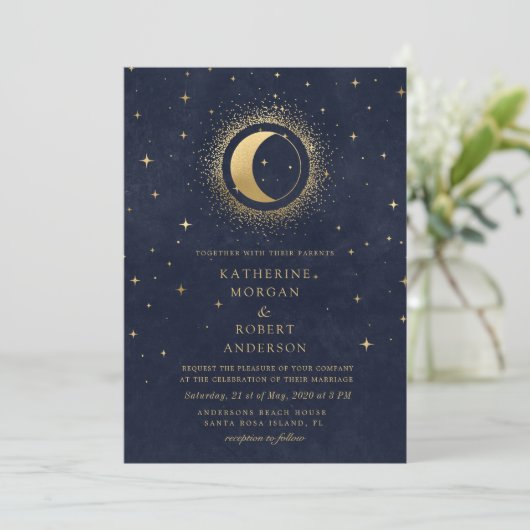 Celestial Midnight Blue English Spanish Wedding Einladung (Stehend Vorderseite)