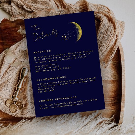 Celestial Midnight Blue Gold Crescent Moon Wedding Begleitkarte