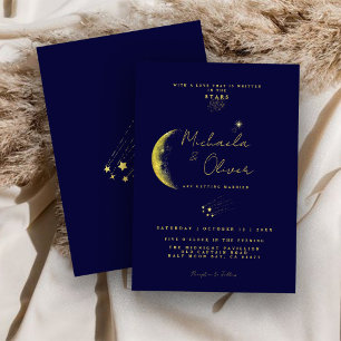 Celestial Midnight Blue Gold Crescent Moon Wedding Einladung