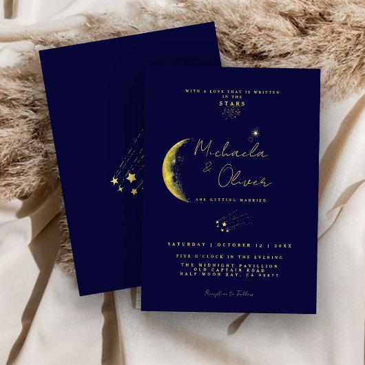 Celestial Midnight Blue Gold Crescent Moon Wedding Einladung