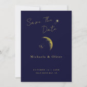 Celestial Midnight Blue Gold Crescent Moon Wedding Save The Date (Vorderseite)