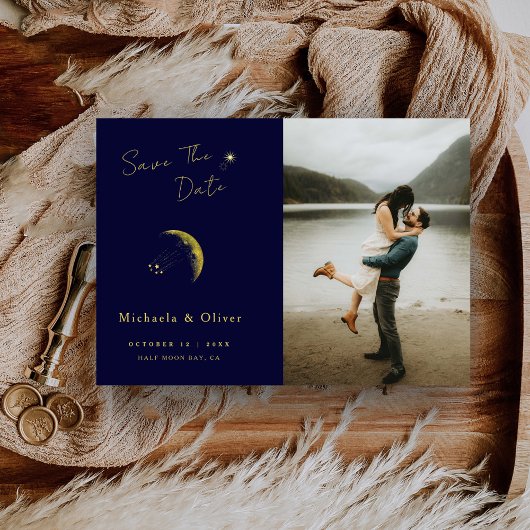 Celestial Midnight Blue Gold Moon Foto Wedding Save The Date