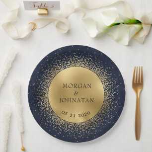 Celestial Midnight Blue Gold Moon Paper Plate Pappteller