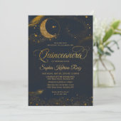 Celestial Midnight Blue Gold Star Moon Quinceanera Einladung (Stehend Vorderseite)