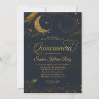 Celestial Midnight Blue Gold Star Moon Quinceanera