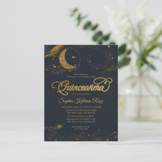 Celestial Midnight Blue Gold Star Moon Quinceanera Postkarte (Stehend Vorderseite)
