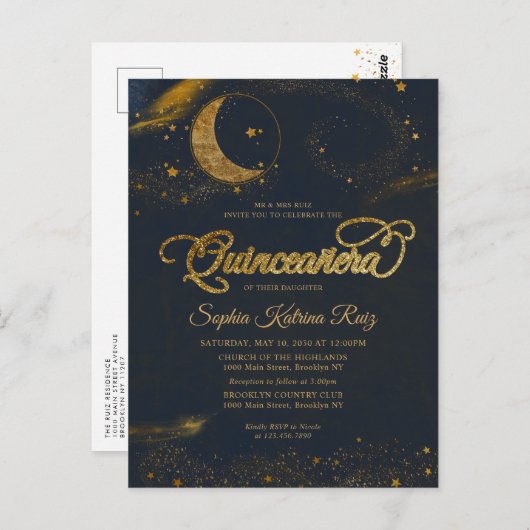 Celestial Midnight Blue Gold Star Moon Quinceanera Postkarte (Vorne/Hinten)