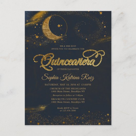 Celestial Midnight Blue Gold Star Moon Quinceanera Postkarte (Vorderseite)
