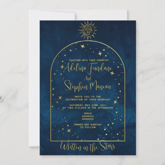 Celestial Midnight Blue Gold Star Moon Sun Wedding Einladung (Vorderseite)