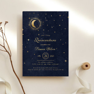 Celestial Midnight Blue Gold Stars Quinceanera Einladung