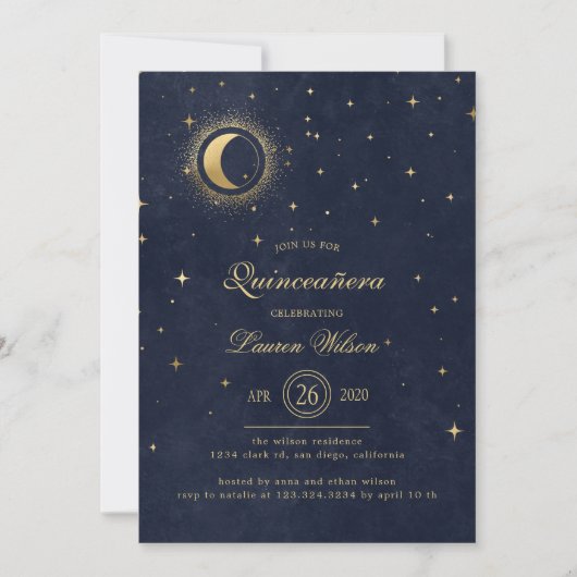Celestial Midnight Blue Gold Stars Quinceanera Einladung (Vorderseite)