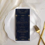 Celestial Midnight Blue Gold Wedding Dinner Menu Einladung<br><div class="desc">Für die "celestial gold" collection feature beautiful crescent moon with gold stars in various designs on velvet midnight blue background paired with elegant fonts. Easy to you to customize and you can choose among many items from this collection in our store.</div>