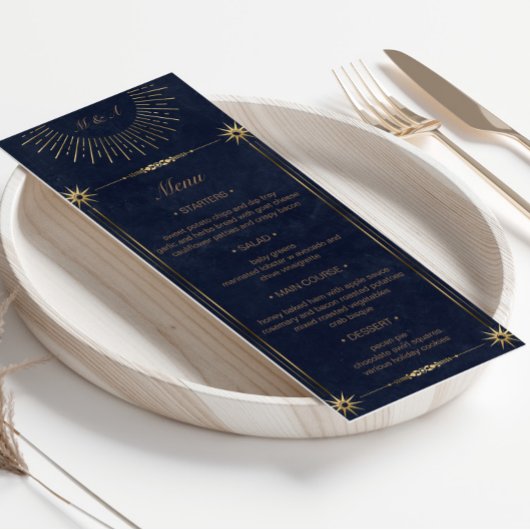 Celestial Midnight Blue Gold Wedding Dinner Menu Einladung