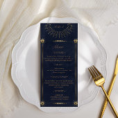 Celestial Midnight Blue Gold Wedding Dinner Menu Einladung