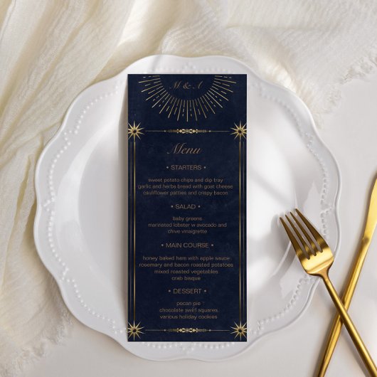 Celestial Midnight Blue Gold Wedding Dinner Menu Einladung