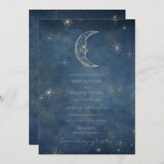 Celestial Midnight Blue Moon Stars Wedding Einladung (Vorne/Hinten)