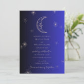Celestial Midnight Blue Moon Stars Wedding Einladung (Stehend Vorderseite)