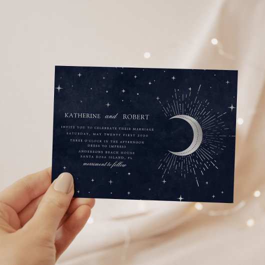 Celestial Midnight Blue Silver Stars Wedding Einladung
