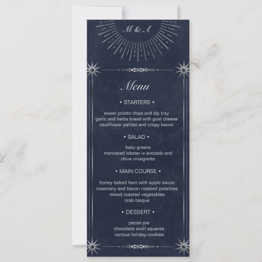 Celestial Midnight Blue Silver Wedding Dinner Menu Einladung (Vorderseite)