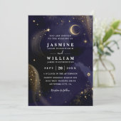 Celestial Midnight Blue Stars Moon QR Code Wedding Einladung (Stehend Vorderseite)