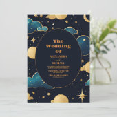 Celestial Midnight Blue Stars Moon Wedding Einladung (Stehend Vorderseite)