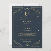 Celestial Midnight Blue Stars Moon Wedding Einladung (Vorderseite)