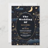 Celestial Midnight Blue Stars Moon Wedding Einladung (Vorderseite)