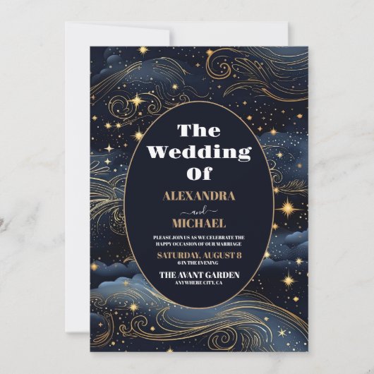 Celestial Midnight Blue Stars Moon Wedding Einladung (Vorderseite)