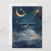 Celestial Midnight Blue Stars Moon Wedding Einladung (Vorderseite)